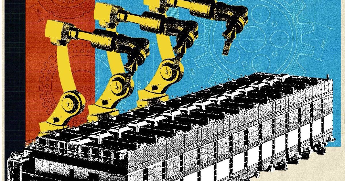 Robot arms working among server racks in an AI data centre, illustrating Meta's maintenance robotics trials