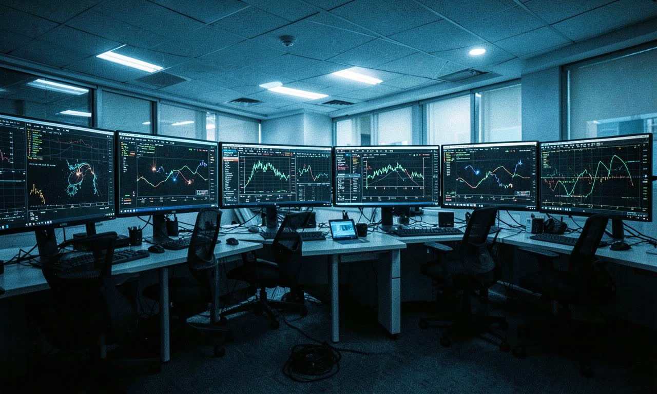 Corporate office with glowing screens showing surveillance overlays, cold blue lighting, documentary style