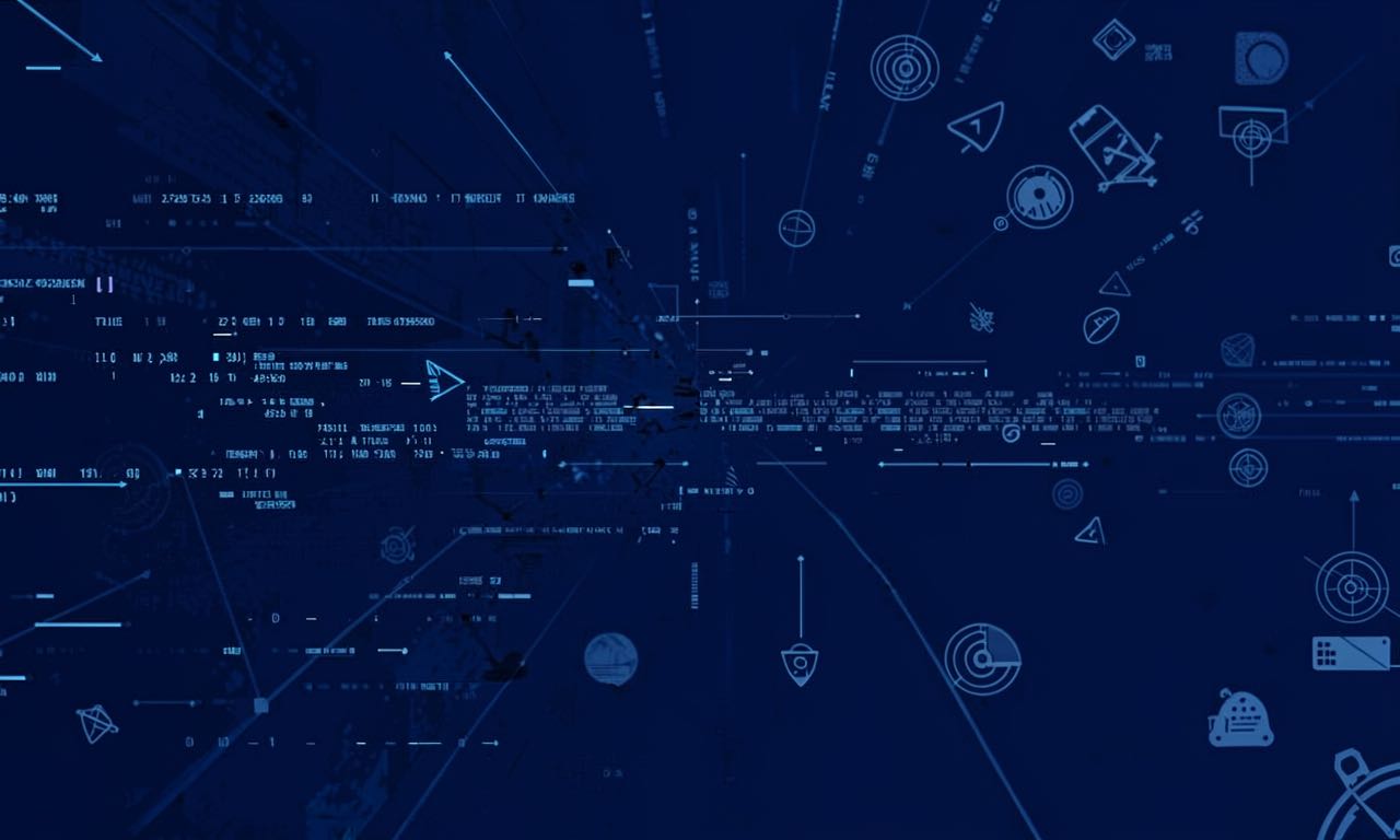 A dark abstract composition showing fragmented data streams and surveillance iconography on a deep blue background.