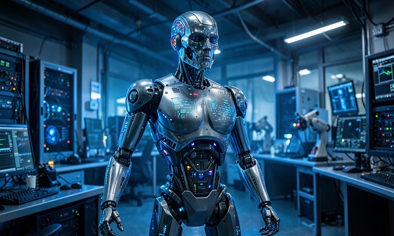 Industrial robotics lab with humanoid prototype silhouetted against blue server glow, Zuckerberg-era tech aesthetic
