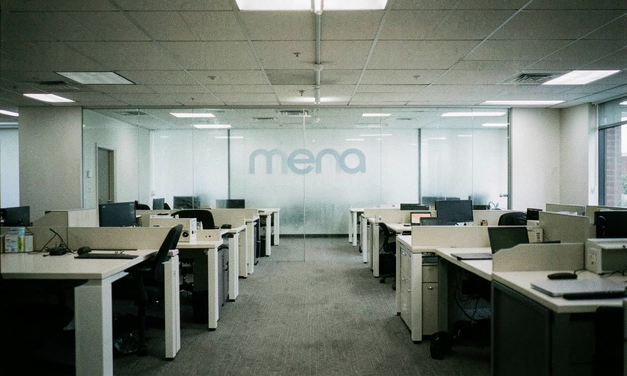 Empty office desks with Meta logo fading in background, muted corporate lighting