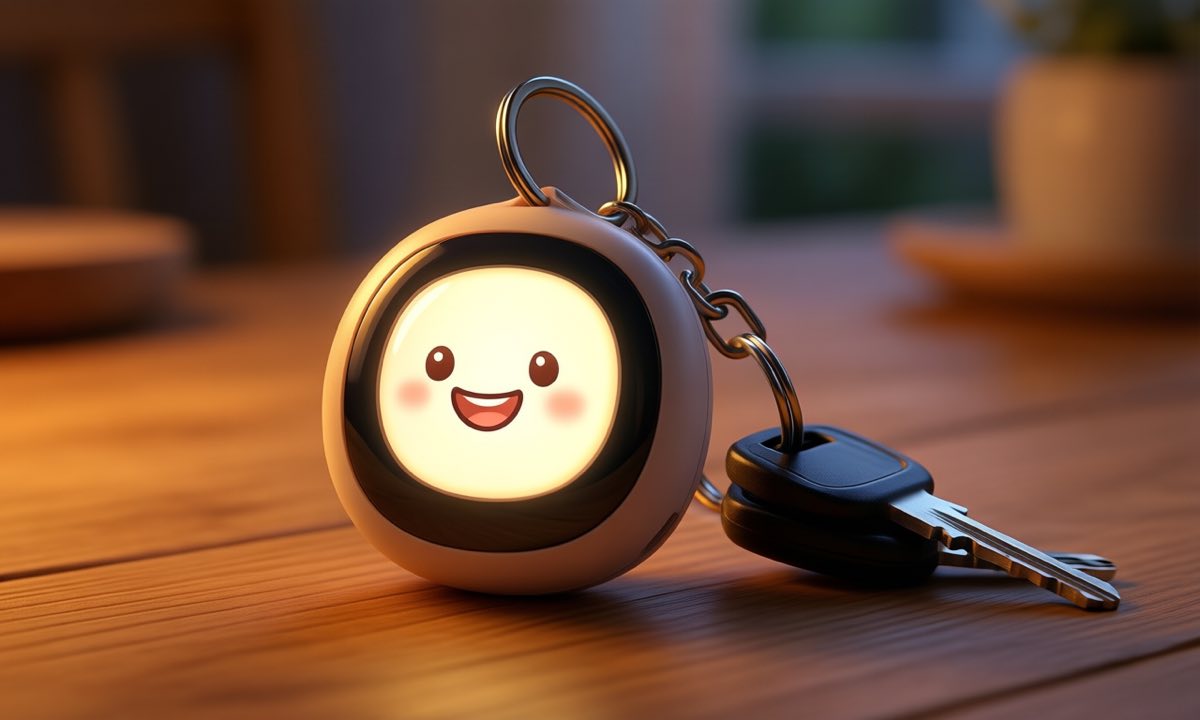 A small rounded AI device on a keychain ring with a glowing screen showing a friendly cartoon face, warm evening light, photorealistic product photography