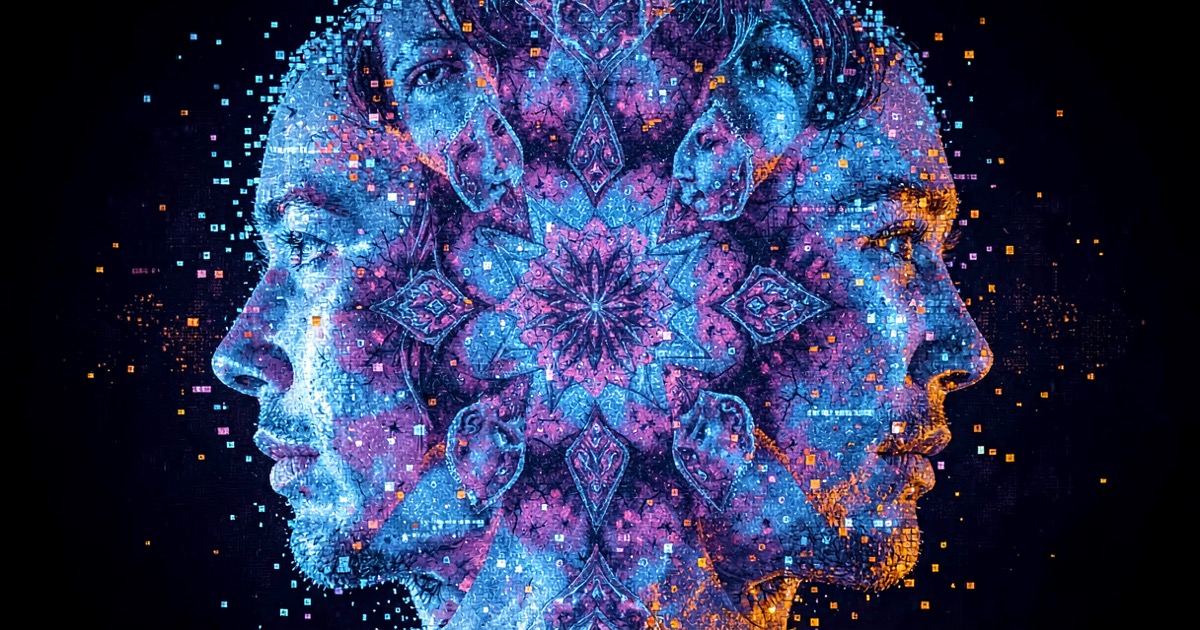 Fragmented human face silhouettes dissolving into digital pixels against a dark blue background with warm orange accents