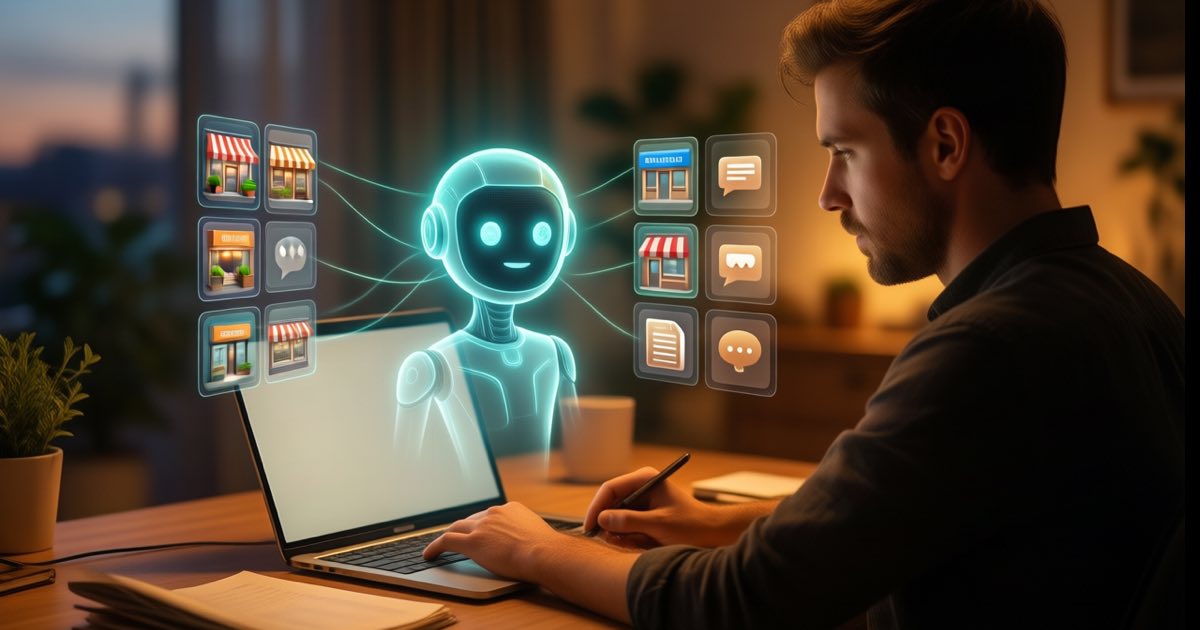 A small business owner at a desk at dusk with a laptop, a glowing translucent digital assistant hovering between the screen and floating app panels connected by thin threads of light