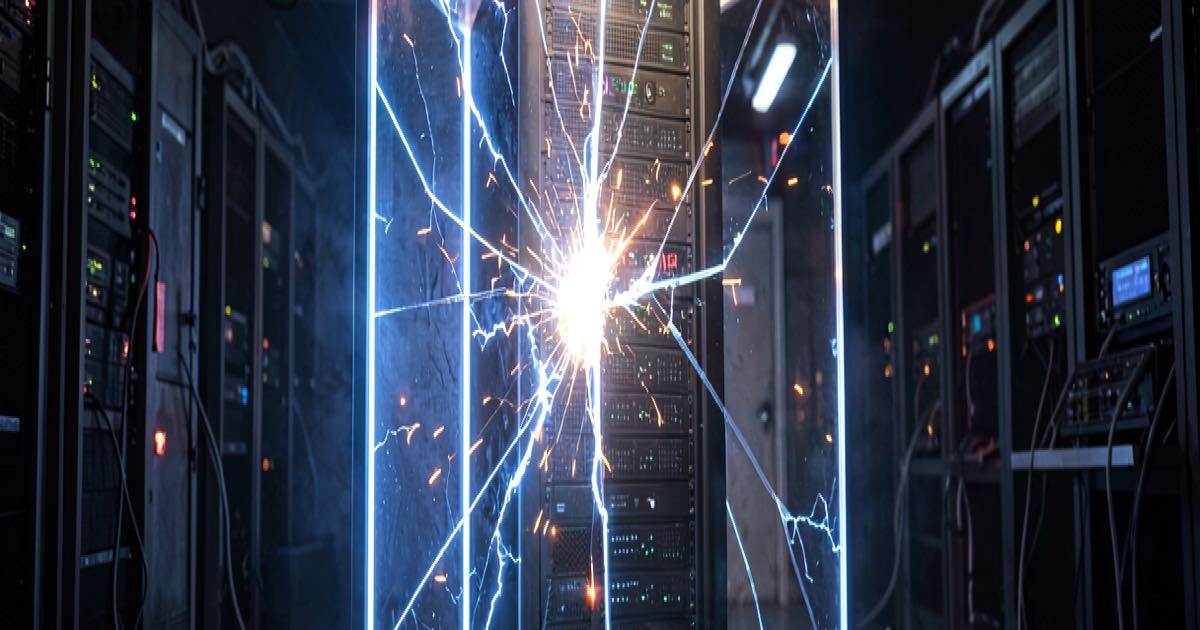 A glowing AI server rack behind a cracked glass containment barrier in a dark testing facility, with light spilling through the fracture.