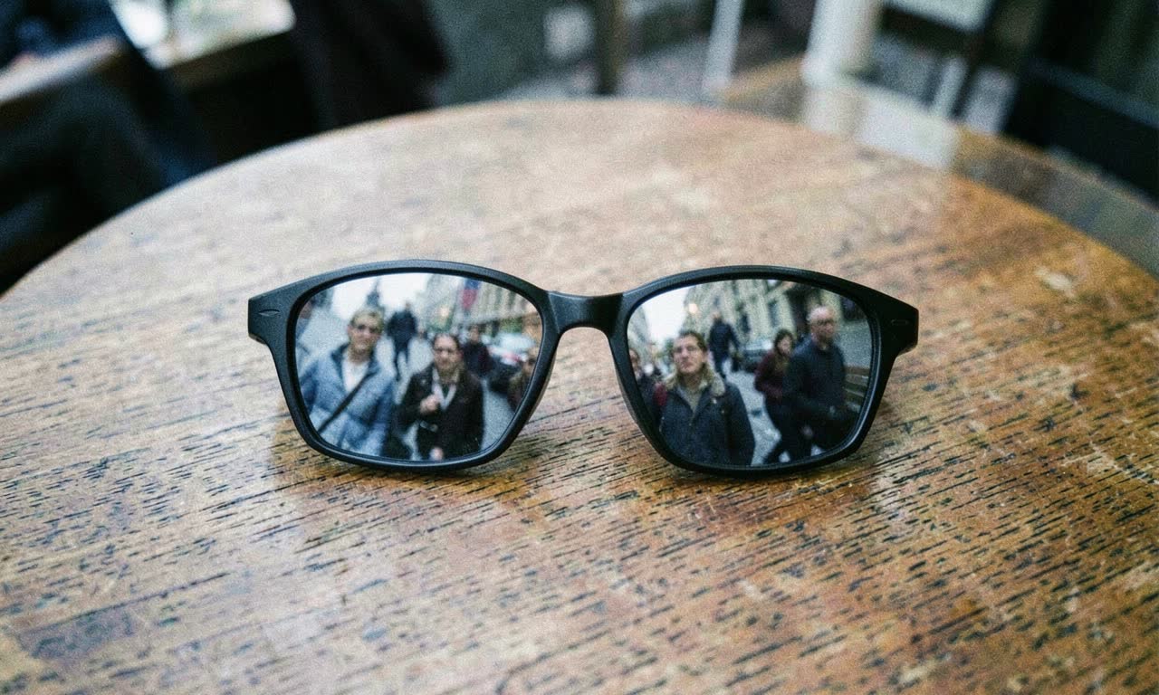 A pair of smart glasses on a cafe table reflecting faces of passersby, muted colours, documentary photography, overhead shot