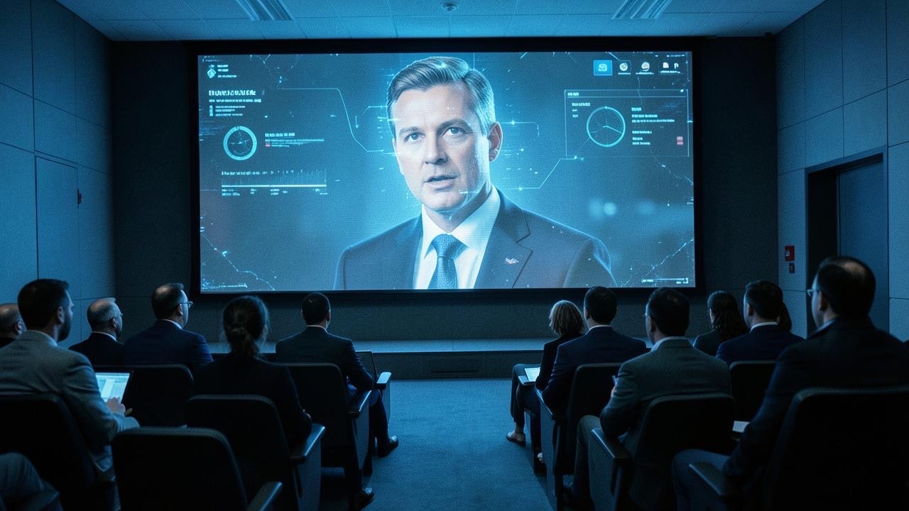 Digital avatar of tech CEO displayed on screen in corporate auditorium