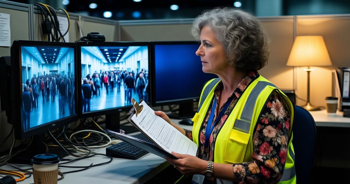 A woman in a bright yellow safety vest reviewing multiple security monitors in a busy temporary command office at night.