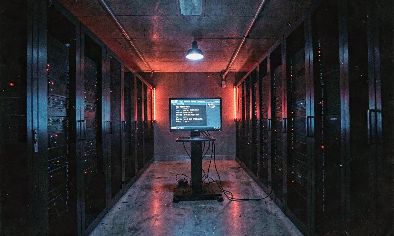 A dark server room with red warning lights illuminating rows of servers, a single terminal displaying anomaly alerts, cold blue and red lighting, photojournalistic style
