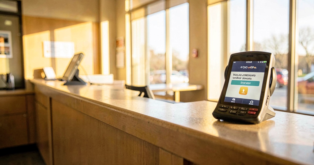 A bank branch interior with an empty counter and a phone showing a declined transaction notification, warm afternoon light through windows