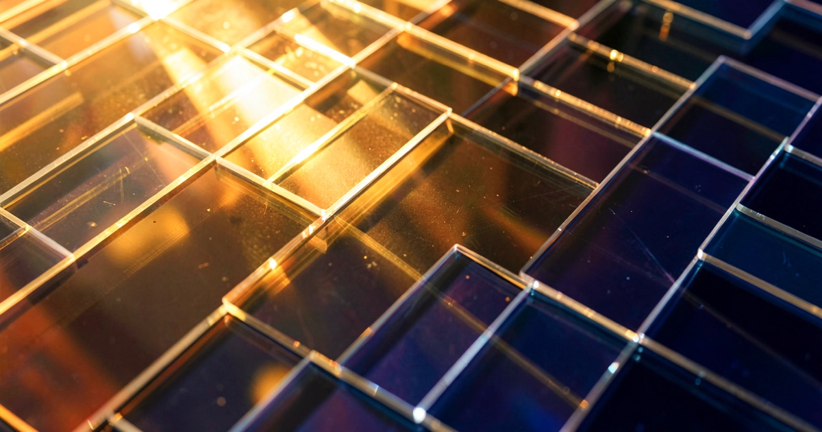 Golden light streaming through rows of translucent silicon wafers, warm amber and deep blue tones