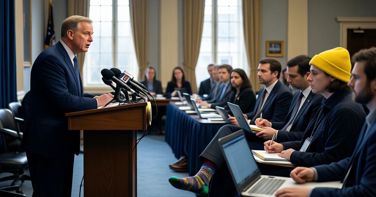 A government press briefing with an official speaking at a lectern and reporters with laptops taking notes, one in a yellow beanie, documentary editorial photography, warm window light