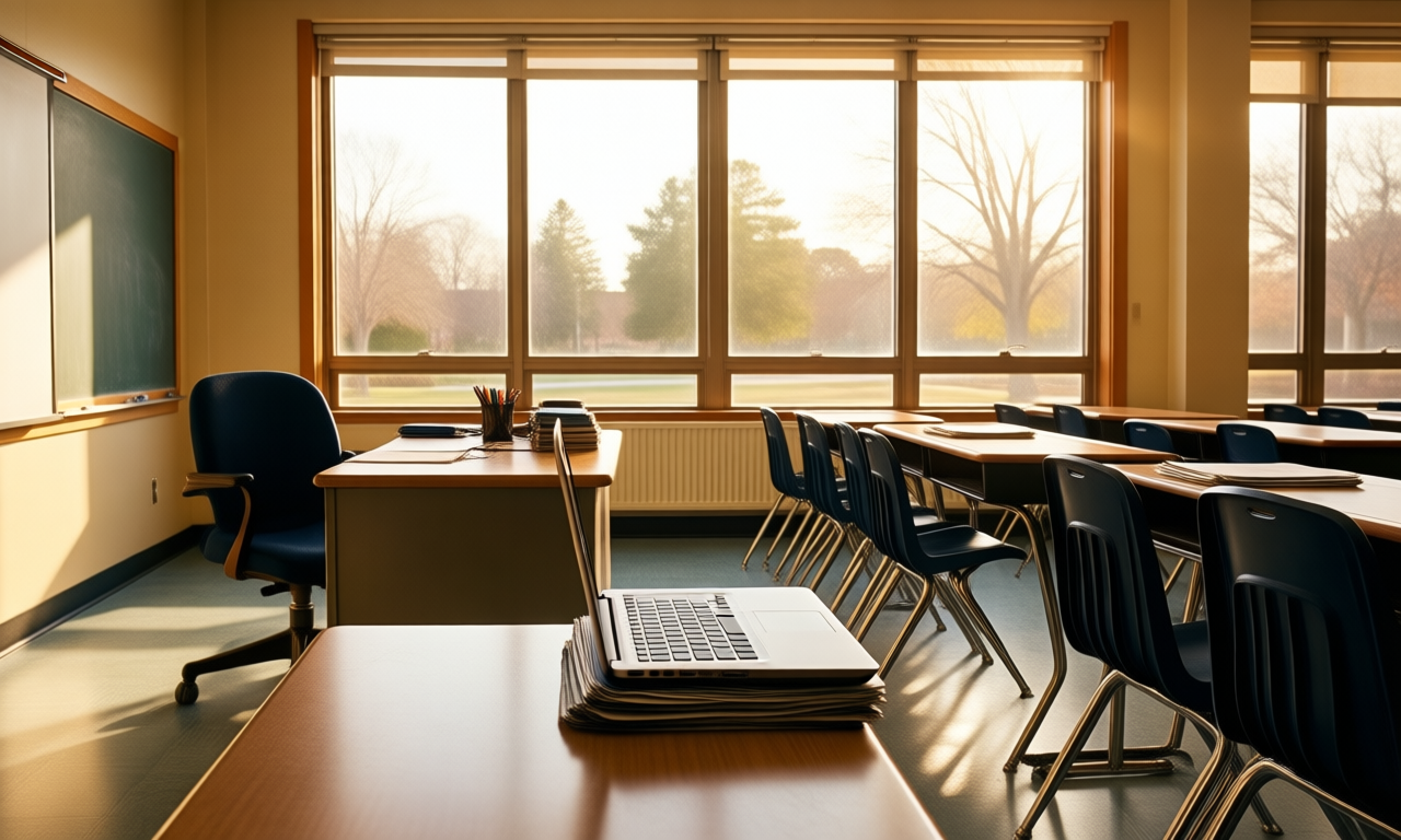 A tidy American high school classroom in warm late-afternoon light with student laptops stacked at the edge of desks, empty chairs pushed in, and large windows showing trees outside