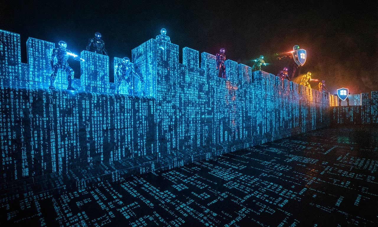 A digital fortress wall with multiple glowing AI sentries scanning code patterns, cool blue and amber lighting, photojournalistic style