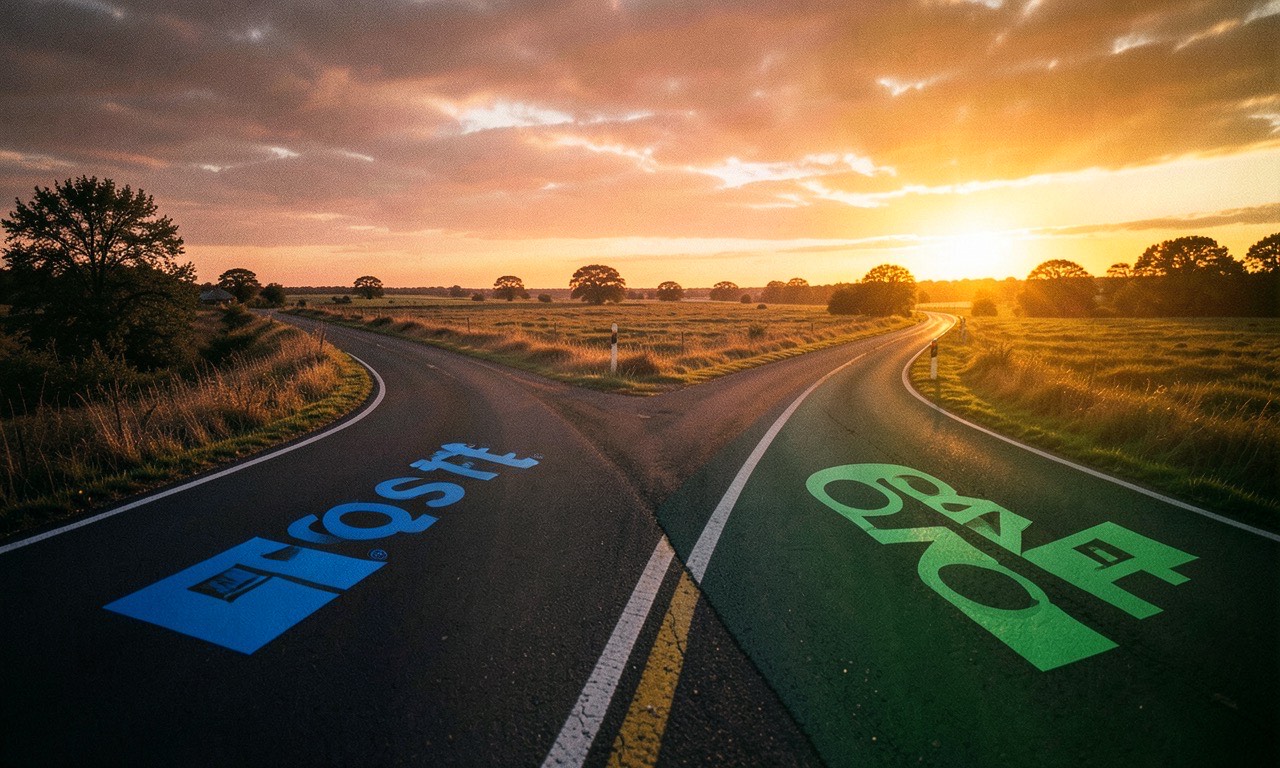 Two diverging paths splitting from a single road, one marked with Microsoft blue logo and one with OpenAI green, dramatic sunset lighting, symbolic separation, photojournalistic style