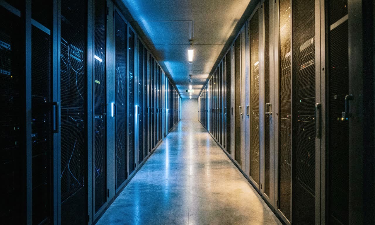 Two data center corridors diverging, one with Microsoft blue lighting, one with neutral white, photojournalistic style