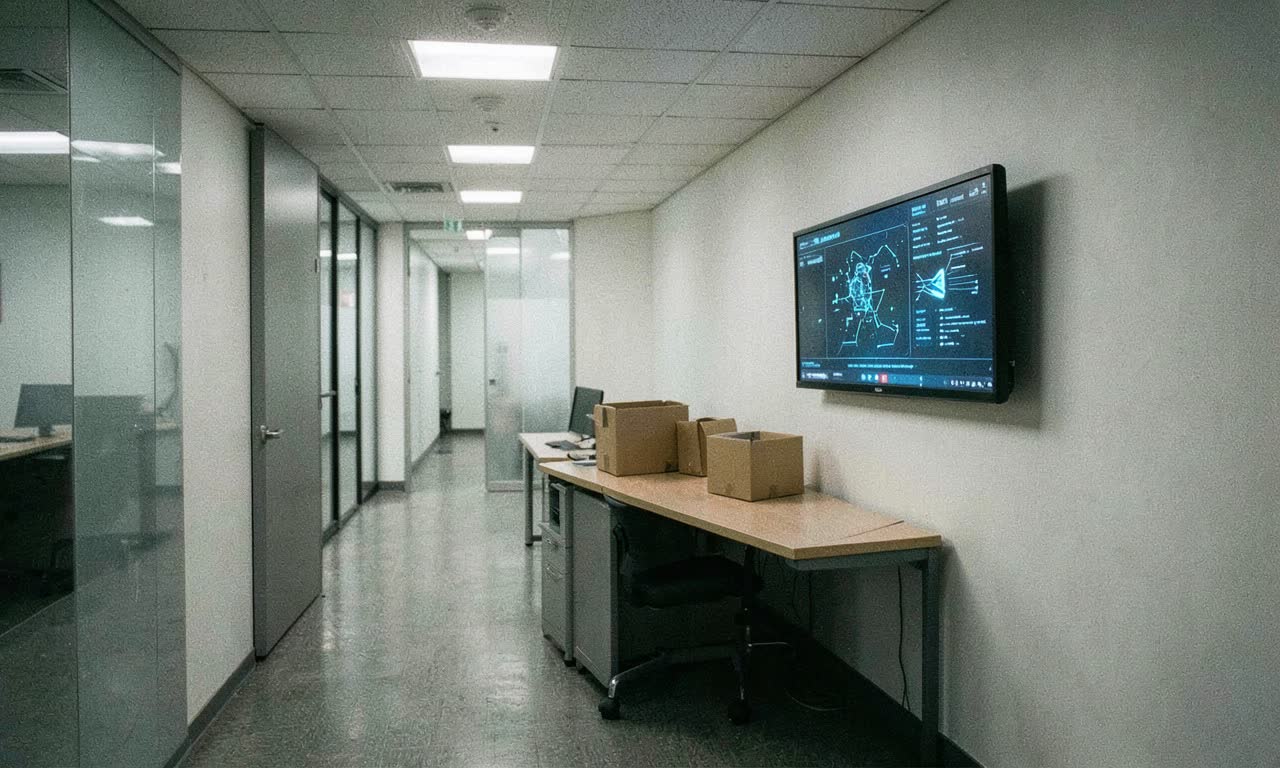 An empty corporate office hallway with departing employee boxes and a glowing AI interface on a screen, muted lighting, documentary style