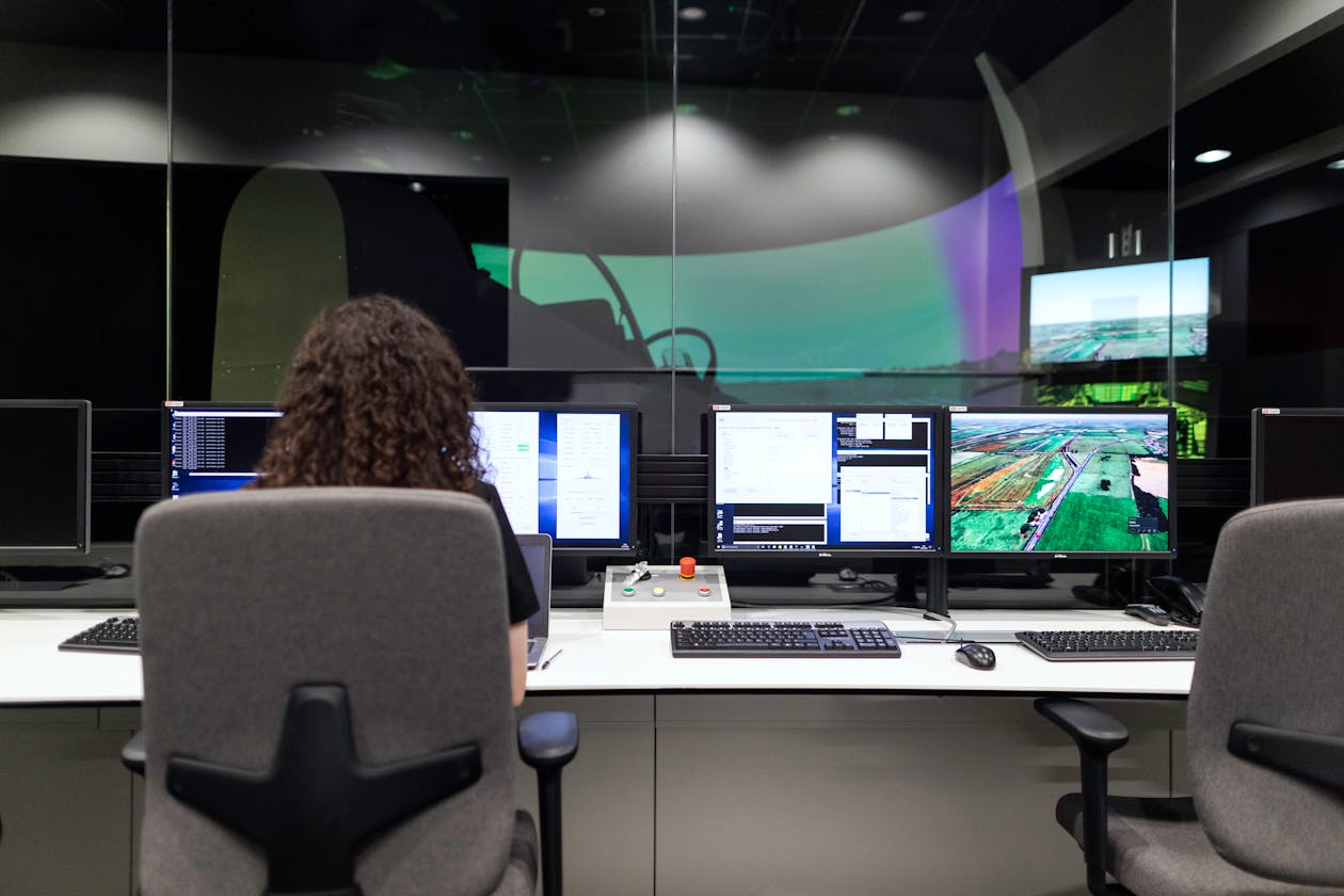 Military control room with multiple screens