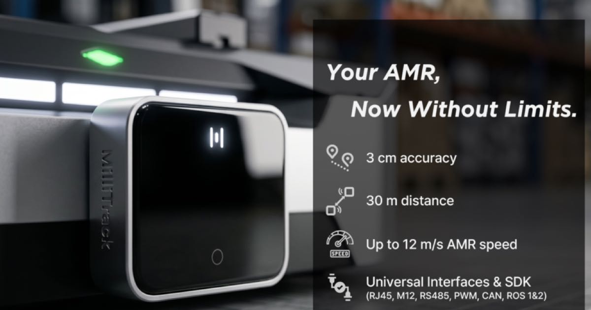 Product render of the MilliTrack AMR+ Tracker unit mounted on an autonomous mobile robot, with text reading 'Your AMR, Now Without Limits' and specs: 3 cm accuracy, 30 m distance, up to 12 m/s AMR speed.
