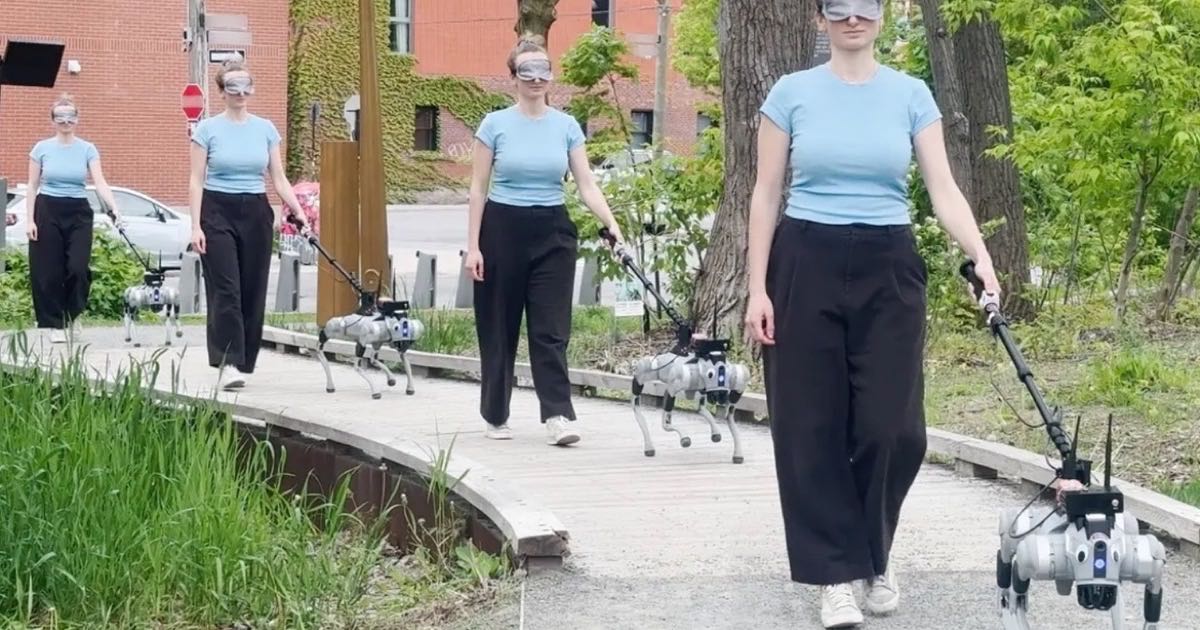A quadruped robotic guide dog navigating an outdoor environment while connected to a telescopic handle held by a user, using onboard AI to detect obstacles and guide movement without internet connectivity.