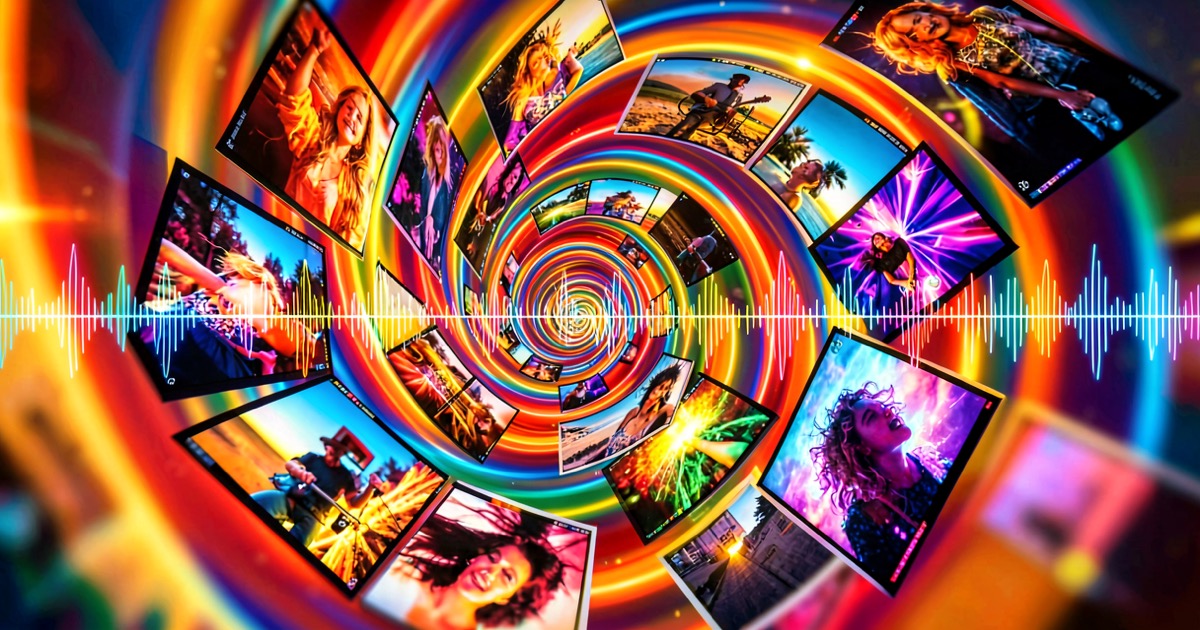 A vibrant abstract composition showing video frames and audio waveforms merging into a single stream of colourful light