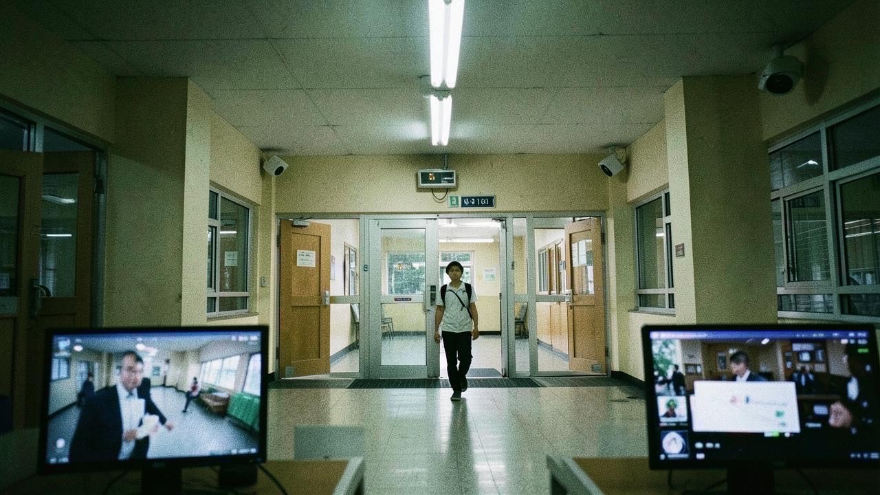 School entrance with security cameras as Minnesota advances AI surveillance pilot program