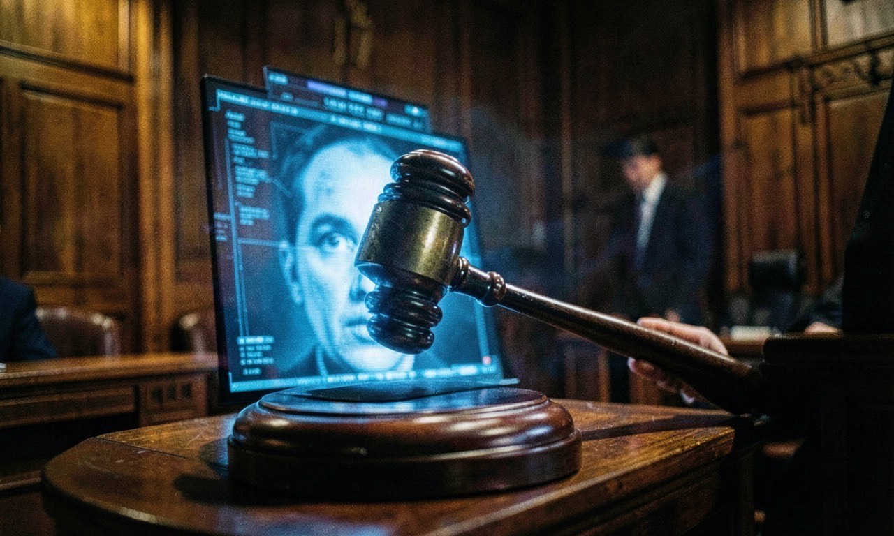 A gavel striking a digital screen in a courtroom setting, warm wood and cold blue digital light contrast