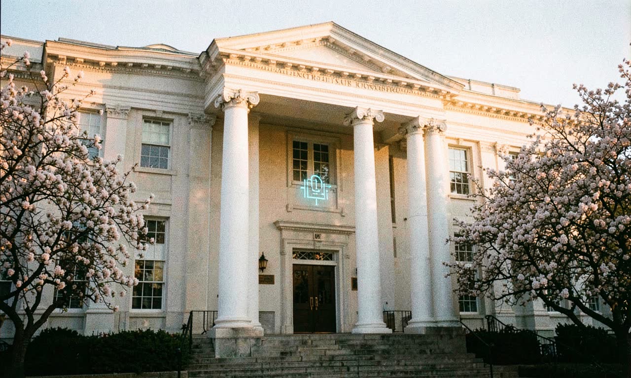 A law school building with columns and a digital AI overlay, warm afternoon light, documentary style