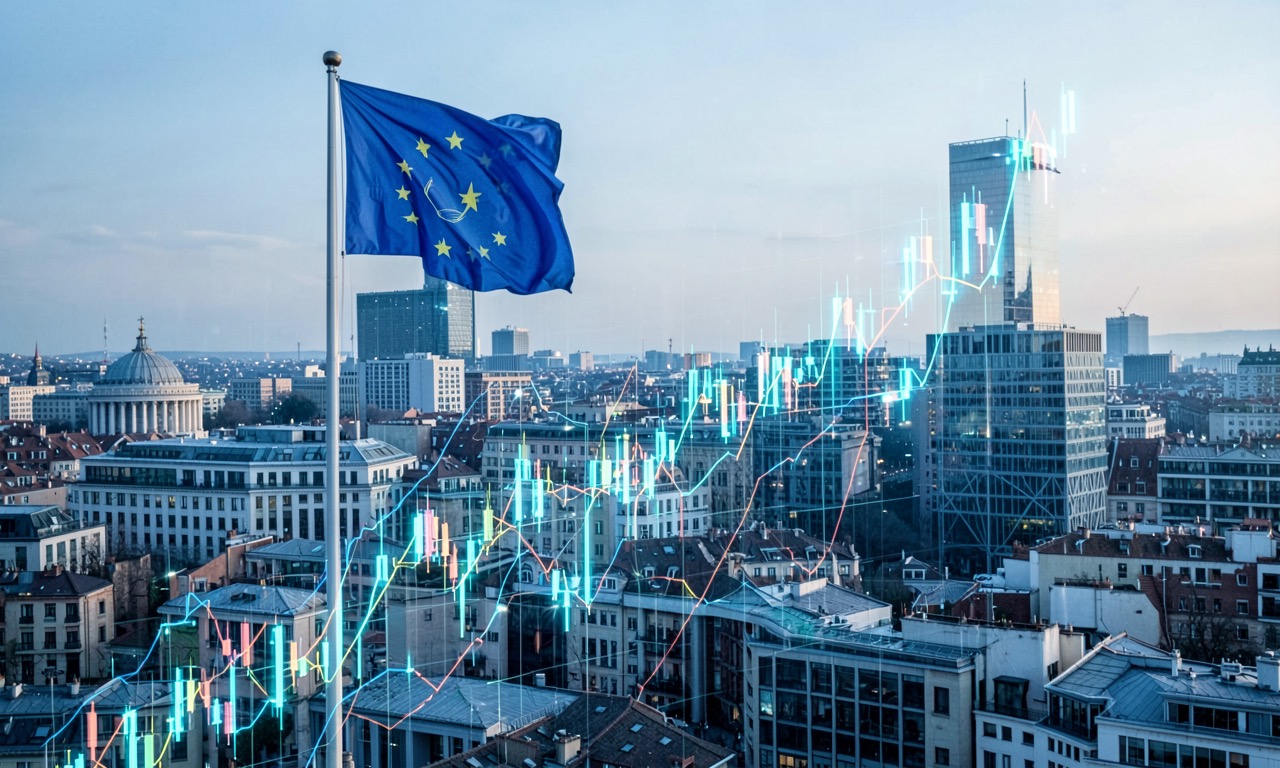 A modern European capital city skyline with the EU flag flying, overlaid with a glowing financial chart, photojournalistic, cool morning light