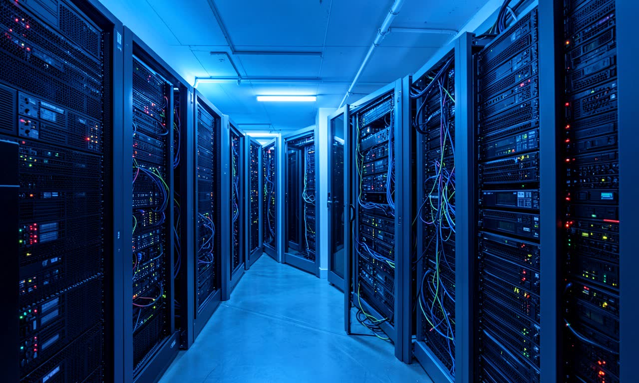 Server racks in a data centre with blue lighting, cloud computing infrastructure