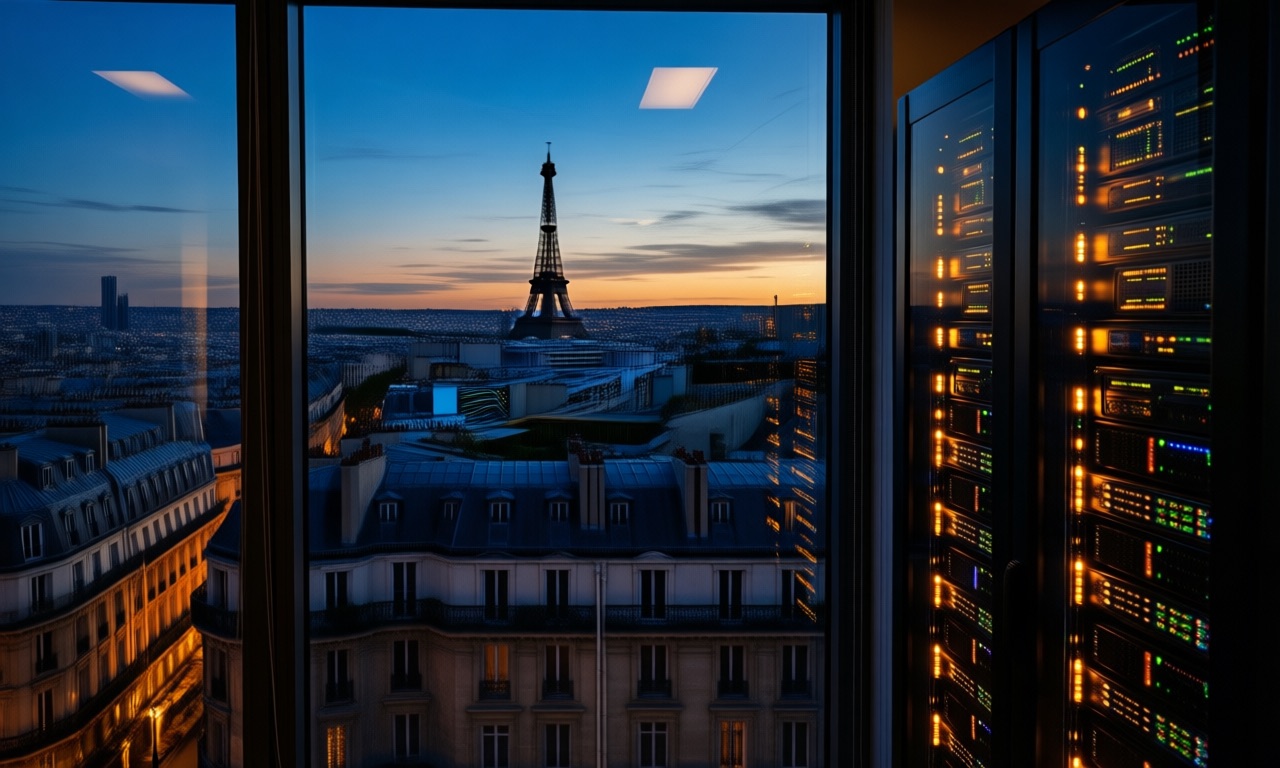 Paris rooftops at dusk seen from a high office window with the Eiffel Tower in the distance, data centre server racks glowing in the foreground glass, blue and amber light