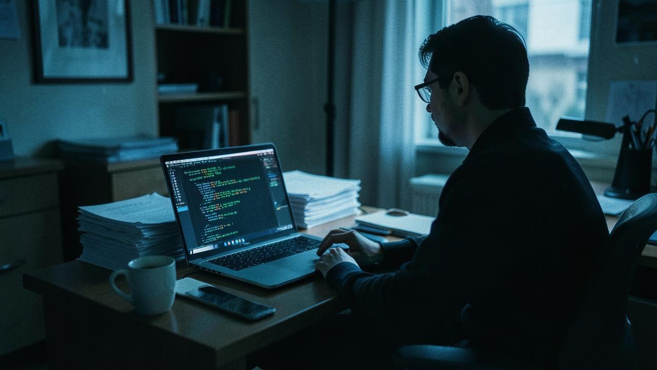 Developer at a laptop with AI-generated code on screen, cold blue lighting