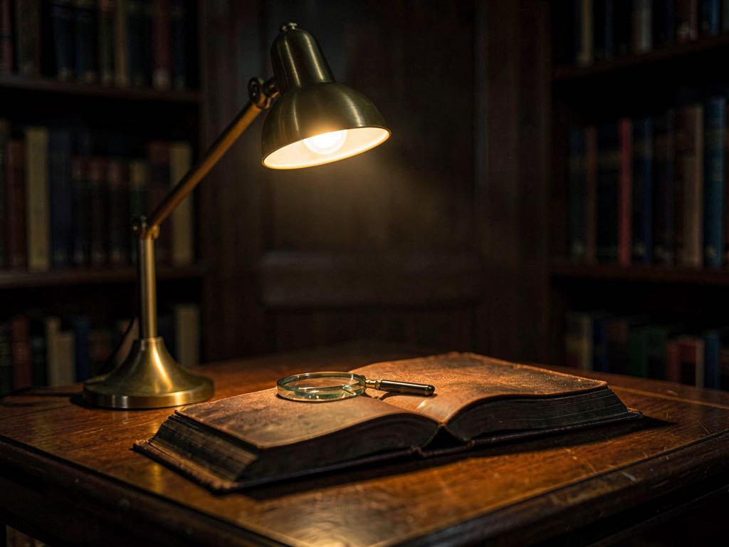 A dim library reading room with warm amber lamp light, a single magnifying glass on a massive open book, soft out-of-focus background