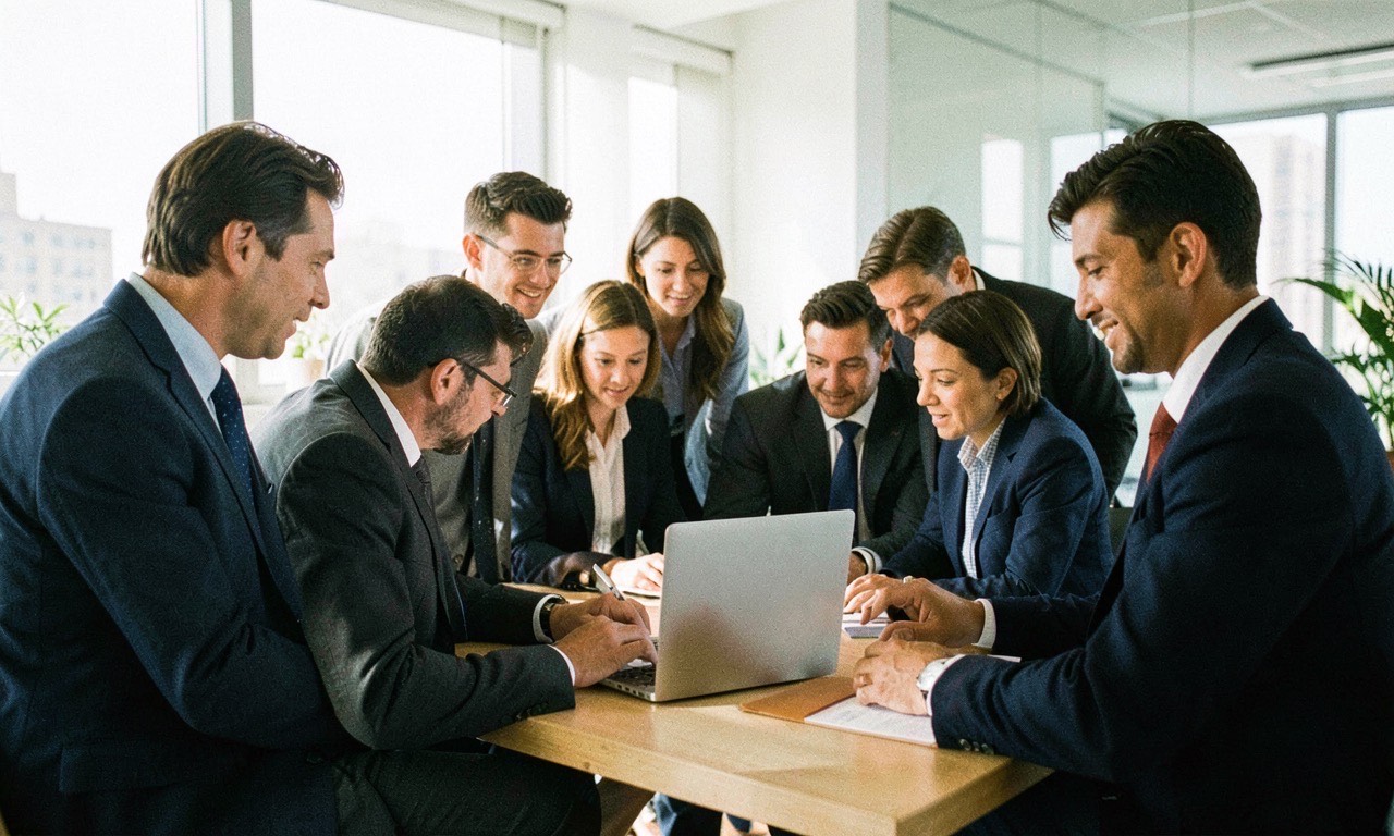 Diverse professionals learning AI together in a modern office setting