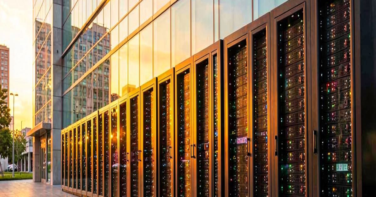A row of glowing server racks reflecting in the glass facade of a modern bank building, warm golden sunset light