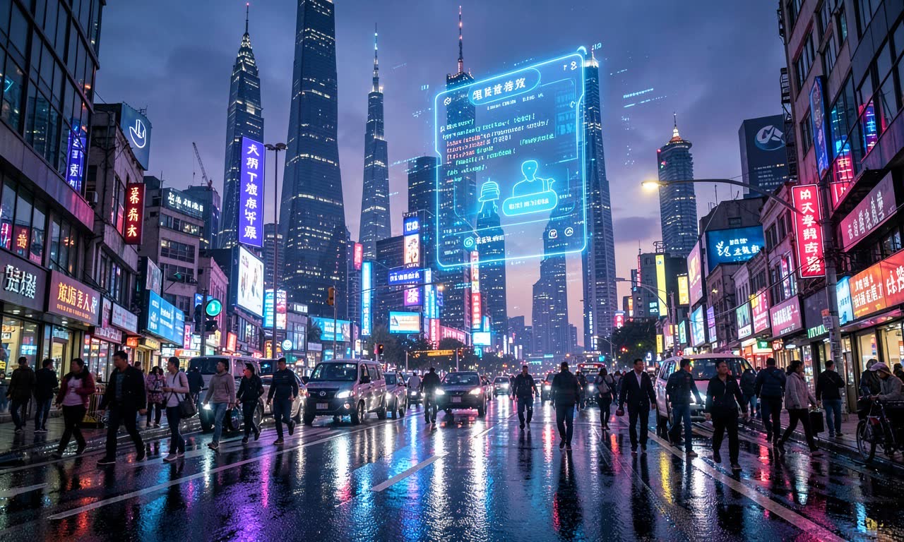 Futuristic Beijing skyline at dusk with neon lights and a floating holographic chatbot interface, cinematic cyberpunk photography style