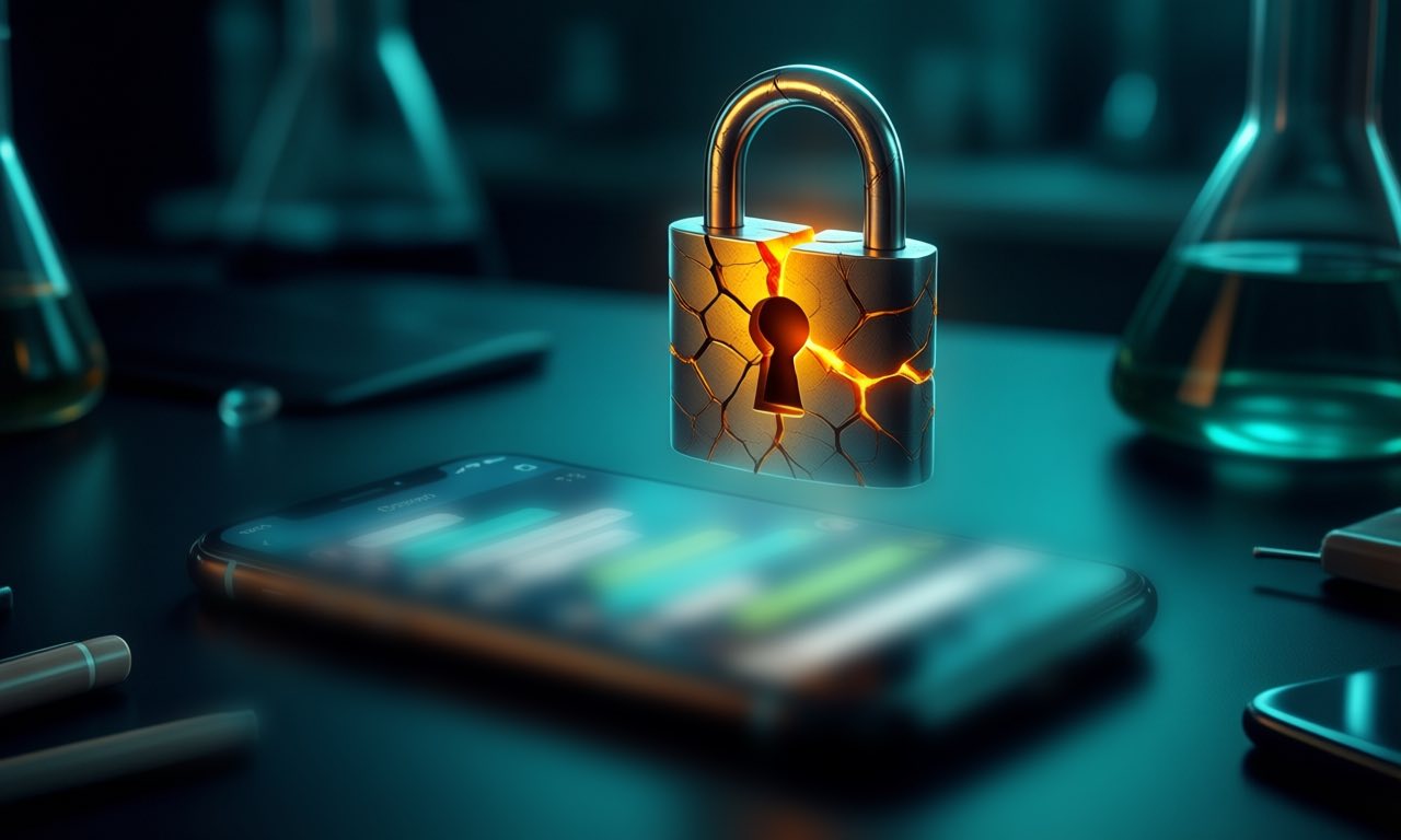 A smartphone standing on a dark laboratory desk with a cracked padlock icon hovering above it, amber light leaking through the crack