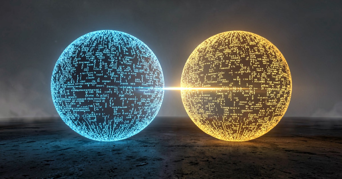 Abstract rendering of two vast intersecting spheres of luminous code fragments on a dark concrete plain, one cool blue and one warm amber, connected by a bright fibre channel, distant horizon haze.