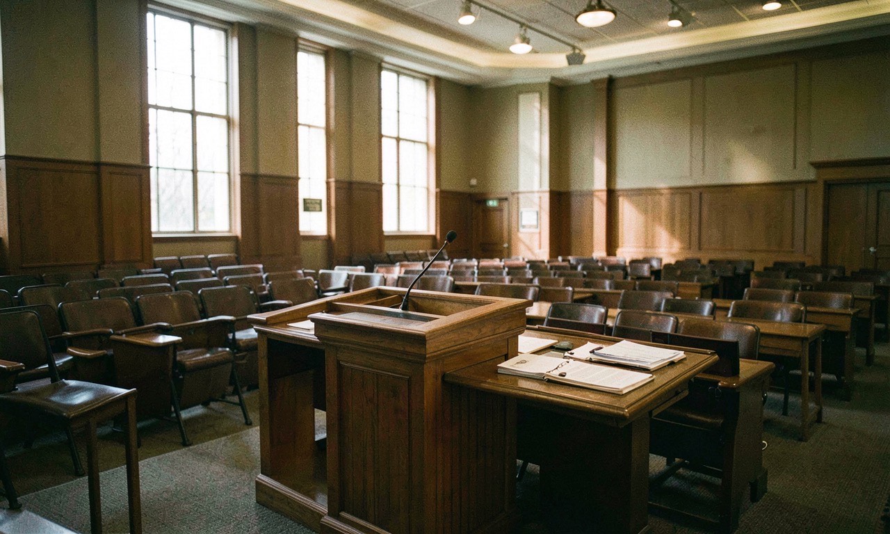 Federal courthouse interior with witness stand and legal exhibits, warm courtroom lighting, documentary style