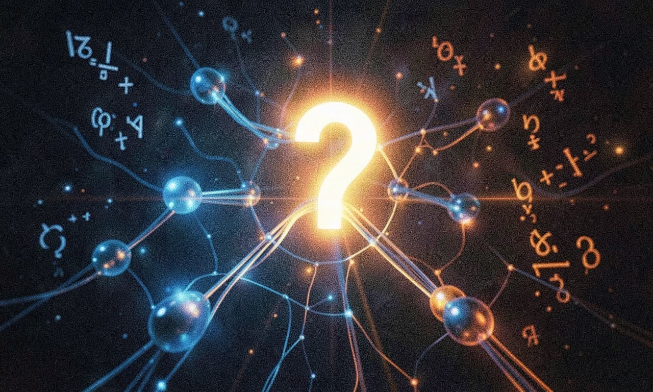 Abstract neural network visualization with a question mark overlay, representing the uncertainty of AGI predictions