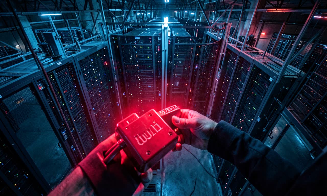 Dramatic industrial photograph of a data center with a prominent red kill-switch lever in the foreground, cold blue and red lighting, ominous atmosphere