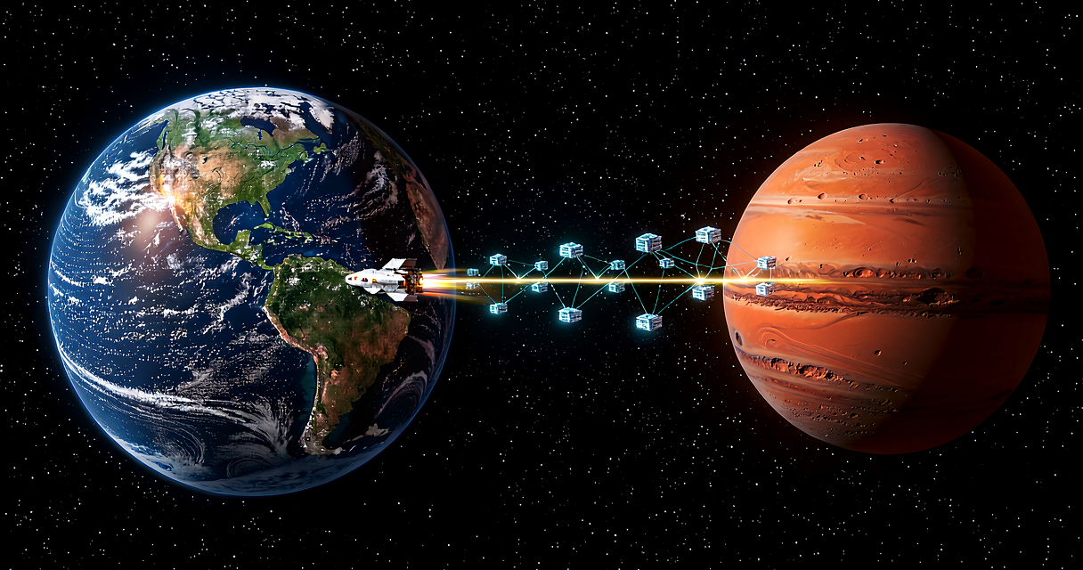 Earth on the left, Mars on the right, connected by a glowing trajectory line of a Starship with a constellation of orbital data centers along the path