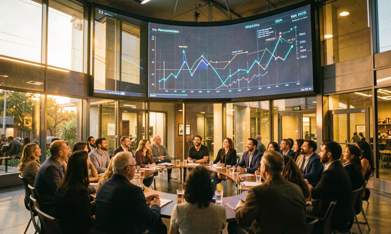 A town hall display showing rising income graphs, warm hopeful lighting