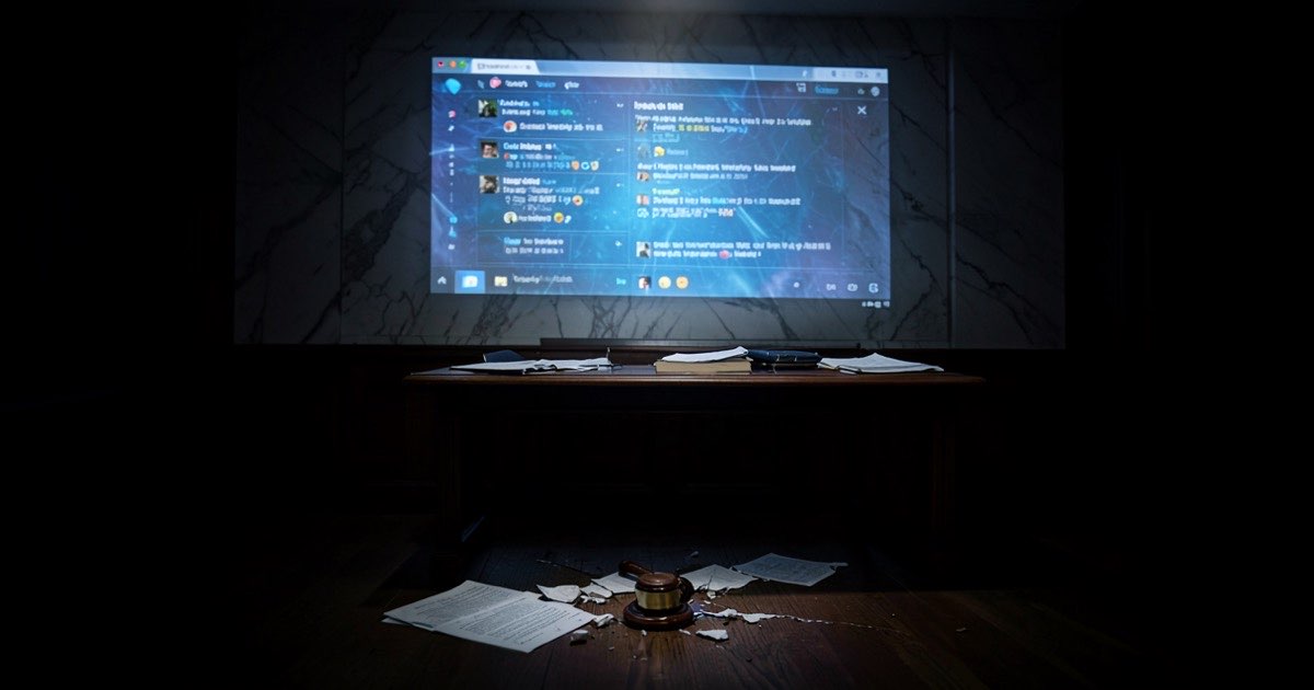 A dark courtroom-style setting with a glowing social media feed projected onto a wall, surrounded by legal documents and a broken seal representing oversight.