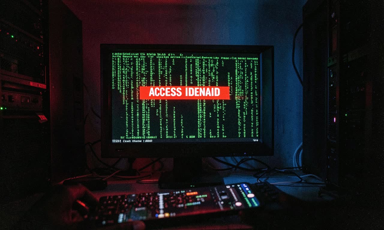 Dark server room with glowing red access warning on a screen, representing an AI security breach