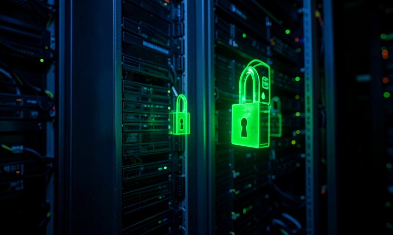 Close-up of computer server room racks with security lock icons digitally overlaid, blue and green LED lighting, tense atmosphere, photojournalistic documentary style