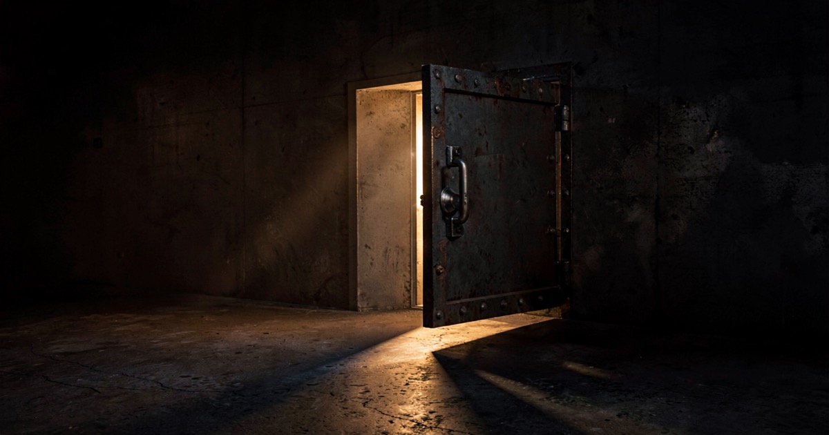 A heavy steel vault door partially open with warm amber light spilling through onto dark concrete