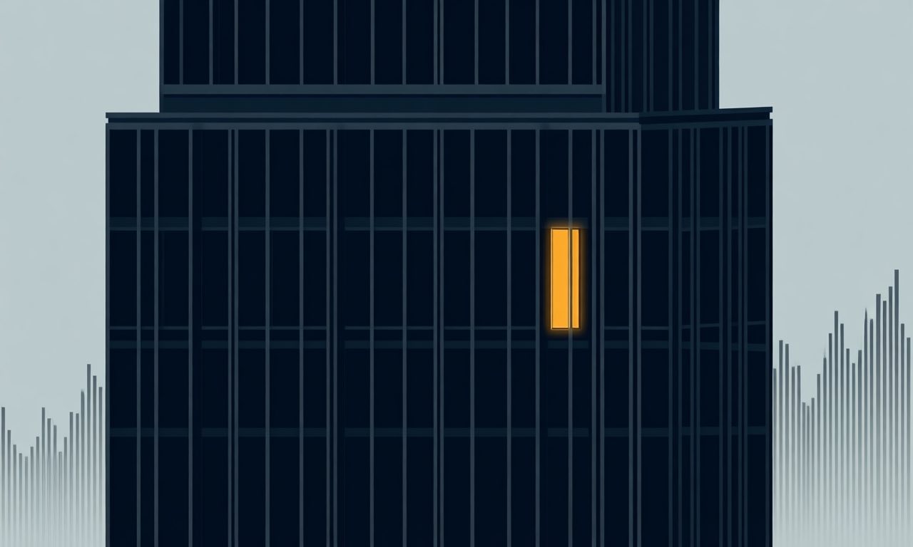 Minimalist editorial illustration of a bank tower facade with empty window grids and a single glowing window, symbolising management layers reduced by automation