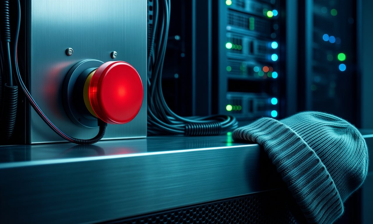 A large red industrial emergency-stop button mounted on a brushed steel console beside glowing server racks, cables trailing across the frame, moody teal and dark navy lighting