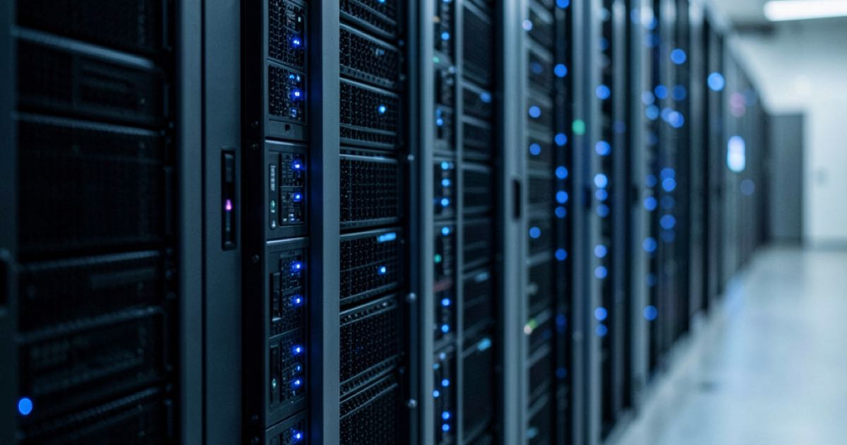 Rows of server GPUs in a dark data centre aisle, blue LED indicators glowing, editorial photography.
